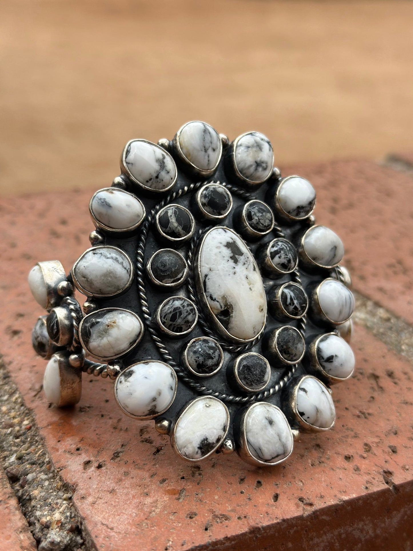 Handcrafted White Buffalo & Sterling Silver Cluster Cuff Bracelet