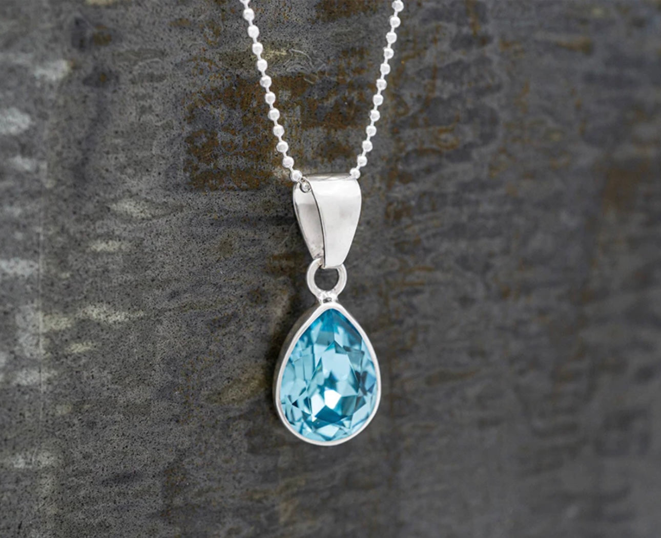 Aquamarine Blue Crystal  Teardrop Sterling Silver Pendant Necklace