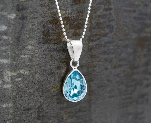Aquamarine Blue Crystal  Teardrop Sterling Silver Pendant Necklace