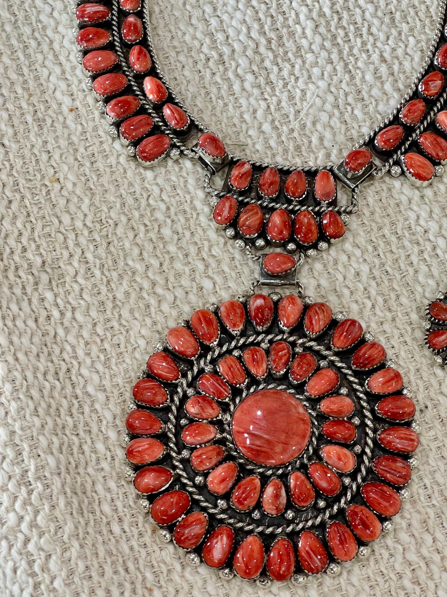 Beautiful Handmade Sterling Silver & Red Spiny Cluster Necklace And Earring Set