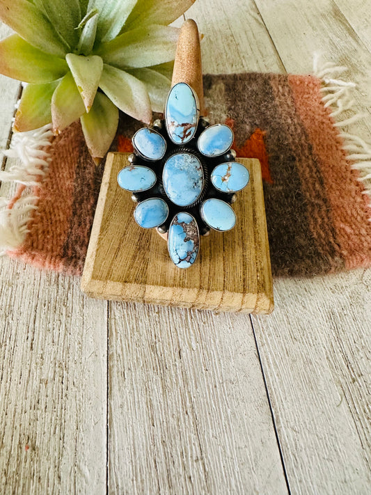 Handcrafted Golden Hills Turquoise & Sterling Silver Cluster Ring Size 9.5