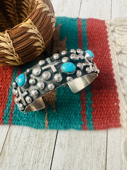 Navajo Turquoise & Sterling Silver Cross Cuff Bracelet By Chimney Butte