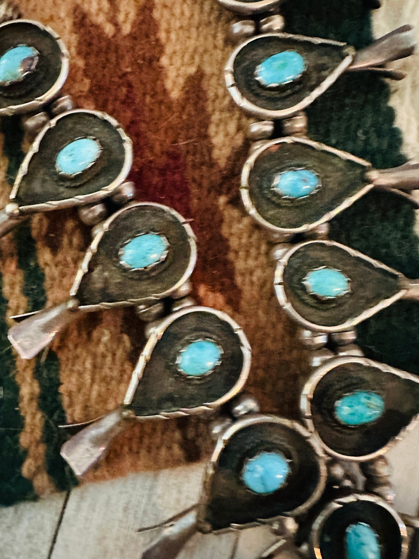 Vintage Old Pawn Turquoise & Sterling Silver Beaded Squash Blossom Necklace