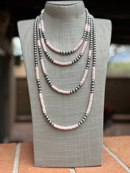 Handcrafted Sterling Silver Pearl & Queen Pink Conch Beaded Necklace 6mm