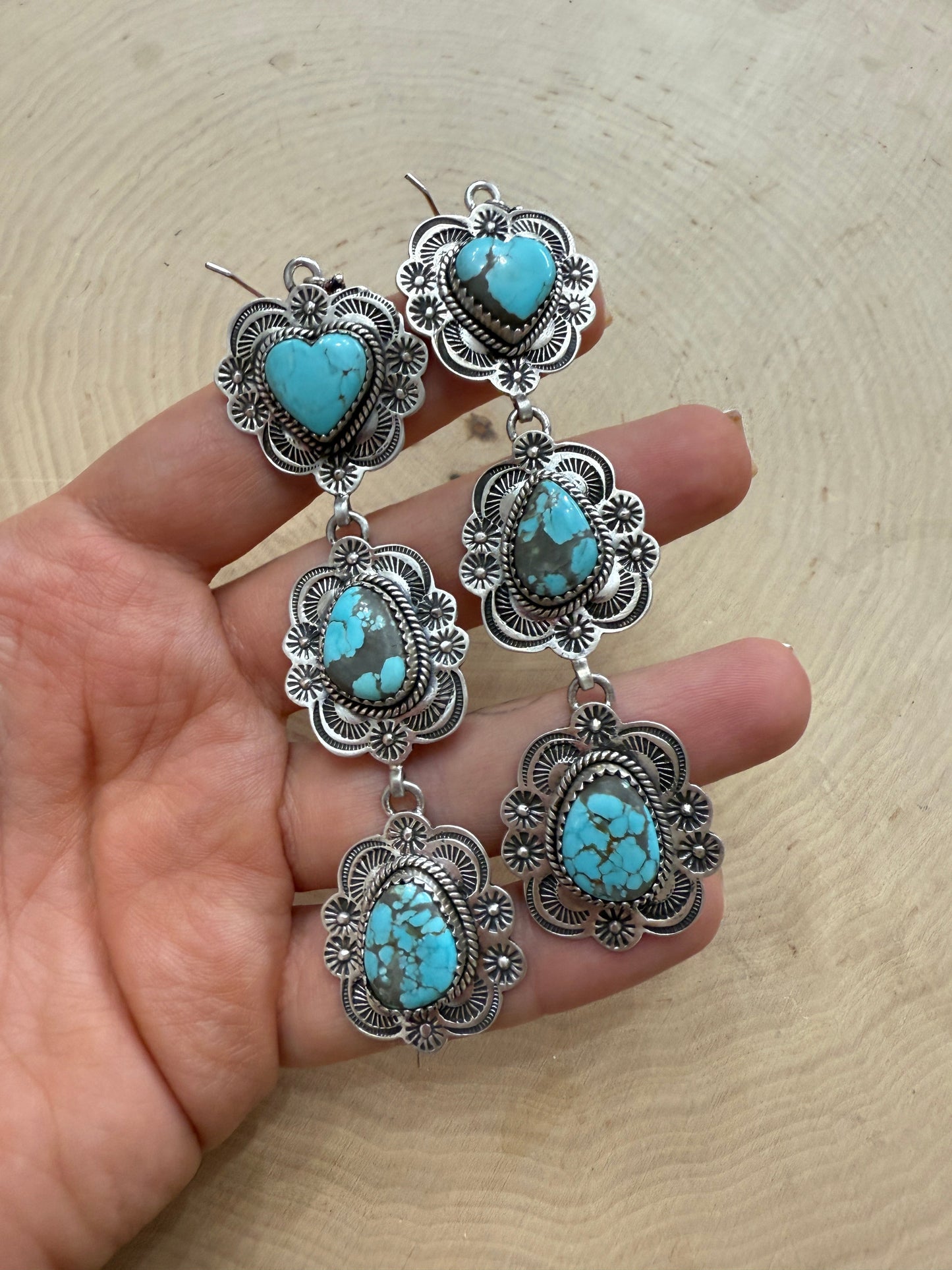 Handmade Number 8 Turquoise and Sterling Silver Heart Dangle Earrings