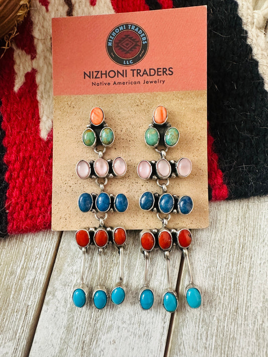 Handcrafted Multi Stone & Sterling Silver Chandelier Dangle Earrings