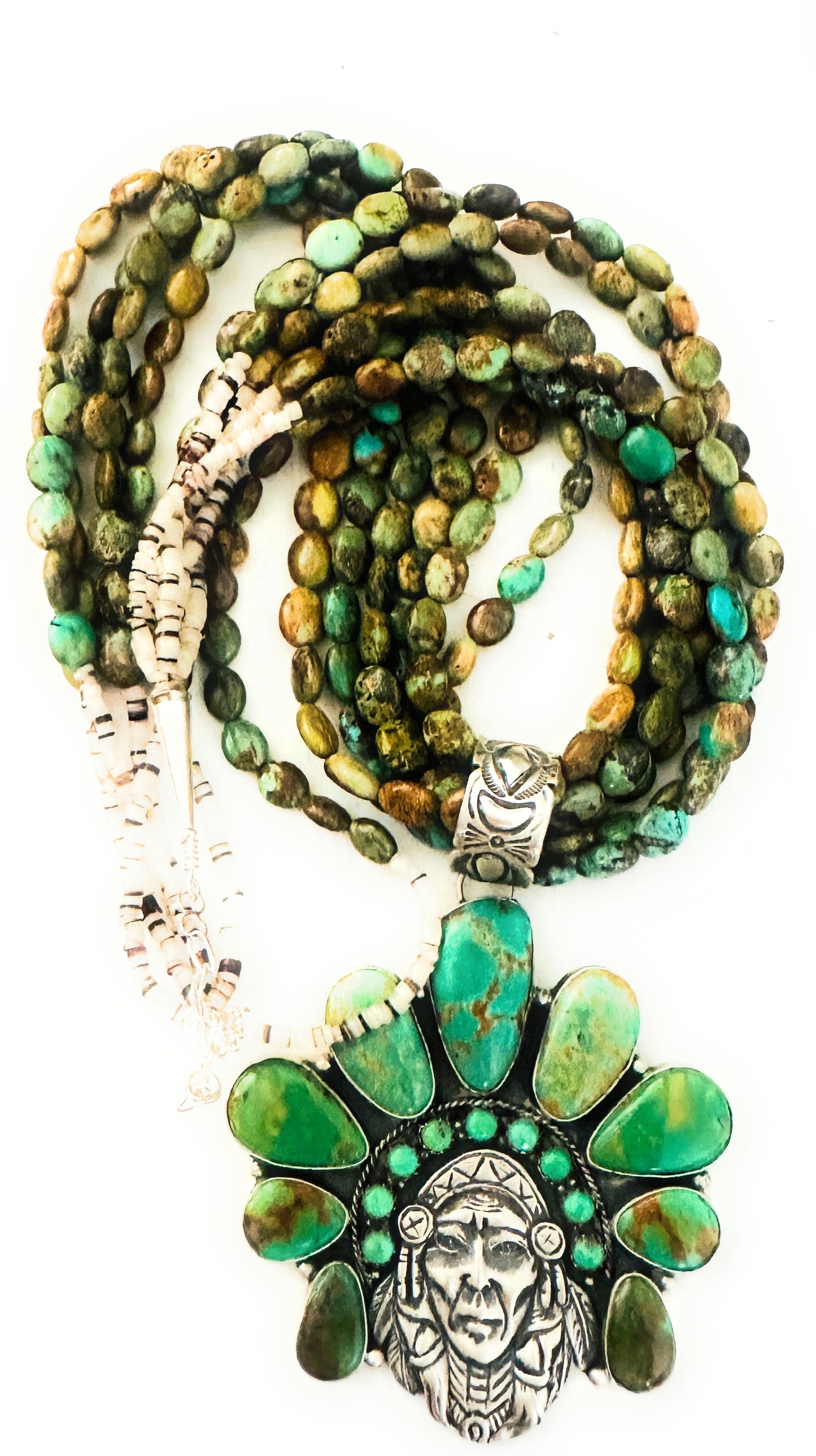 Stunning Handcrafted Sterling Silver & Royston Turquoise Indian Chief Beaded Necklace