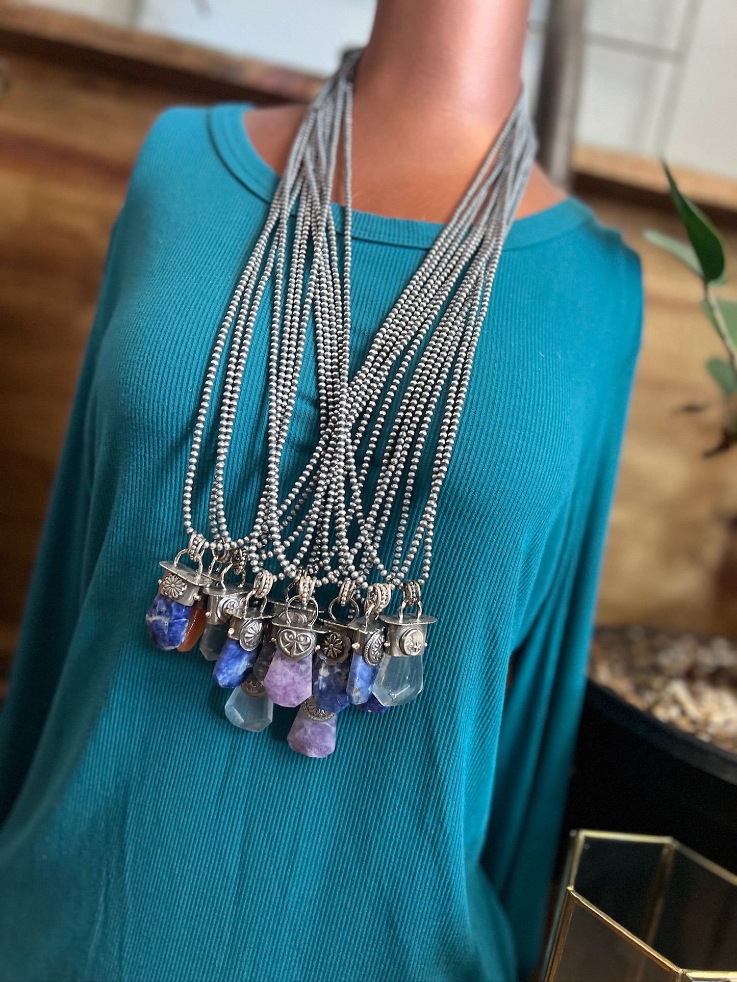 Sterling Silver Gem Collector 30” + 2” Beaded Necklace w/ Tularosa Quartz & Moon Pendant 2