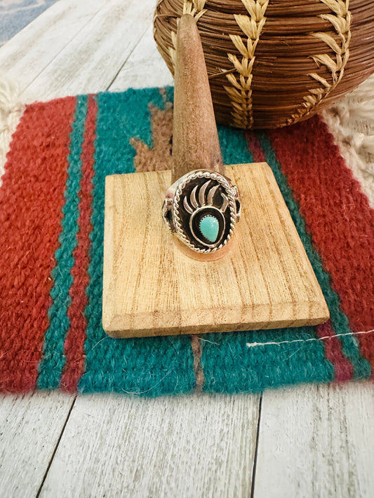 Handcrafted Turquoise & Sterling Silver Bear Paw Cigar Band Ring Size 11