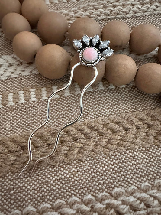 Handmade CZ, Pink Conch & Sterling Silver Hair Pin