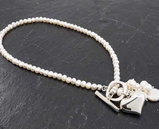 Pearl Cluster Necklace Sterling Silver Heart & Toggle