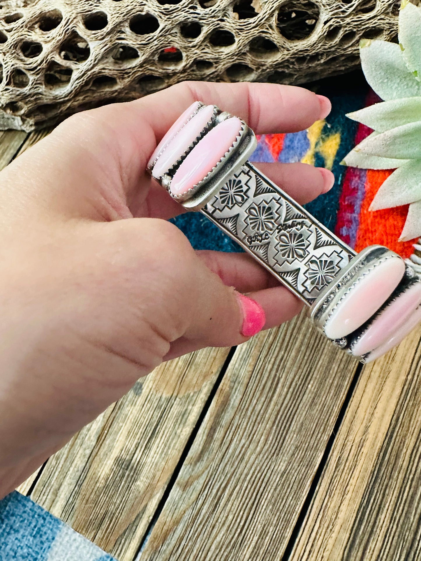 Navajo Queen Pink Conch Shell & Sterling Silver Cuff Bracelet