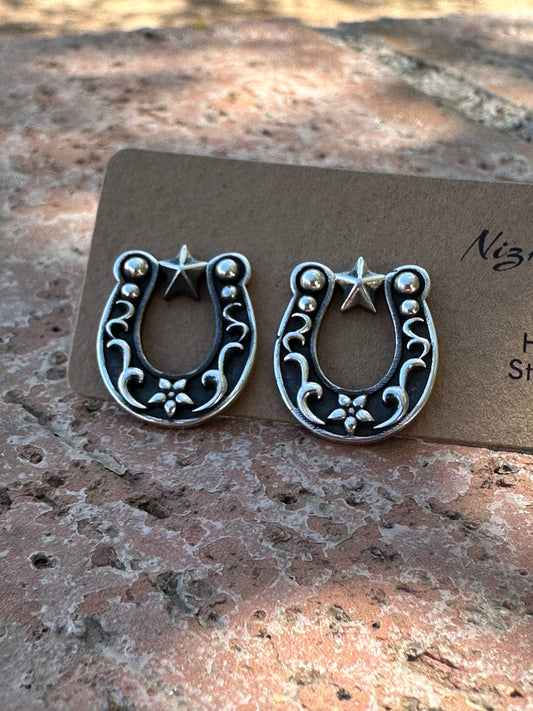 Handmade Sterling Silver Flower Horseshoe Post Earrings