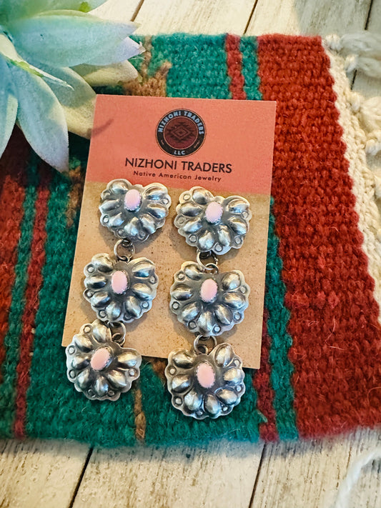 Navajo Queen Pink Conch & Sterling Silver Concho Dangle Earrings