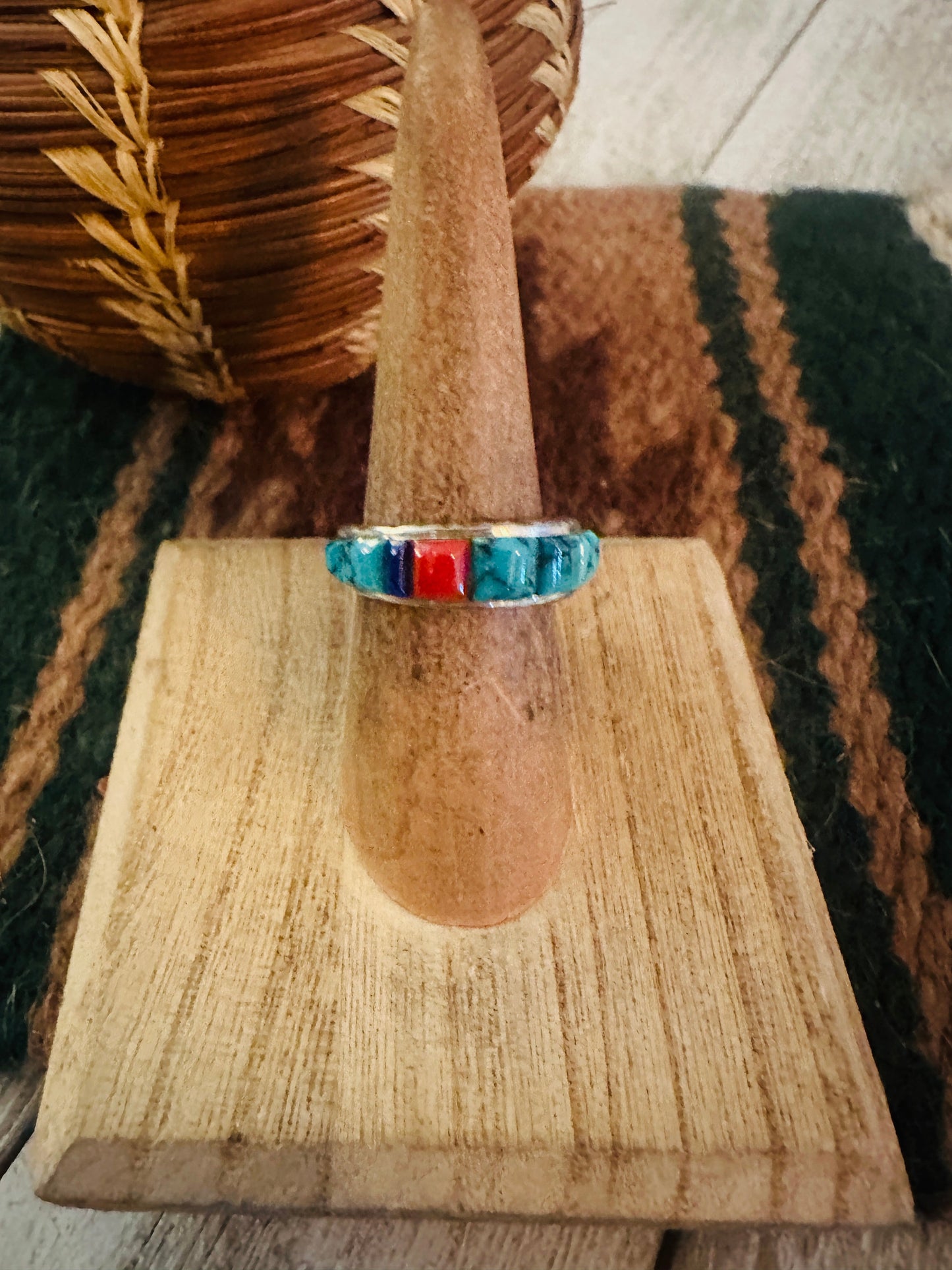 Handcrafted Turquoise, Coral, Lapis & Sterling Silver Inlay Ring Size 6