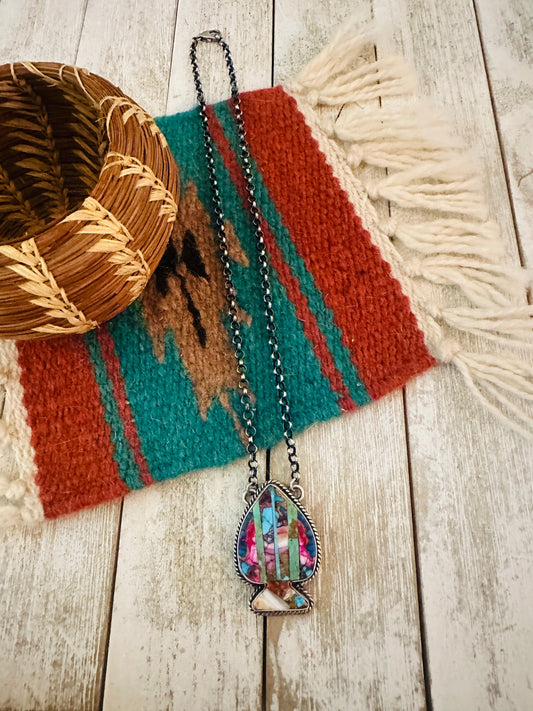 Handcrafted Sterling Silver & Multi Stone Inlay Spade Necklace