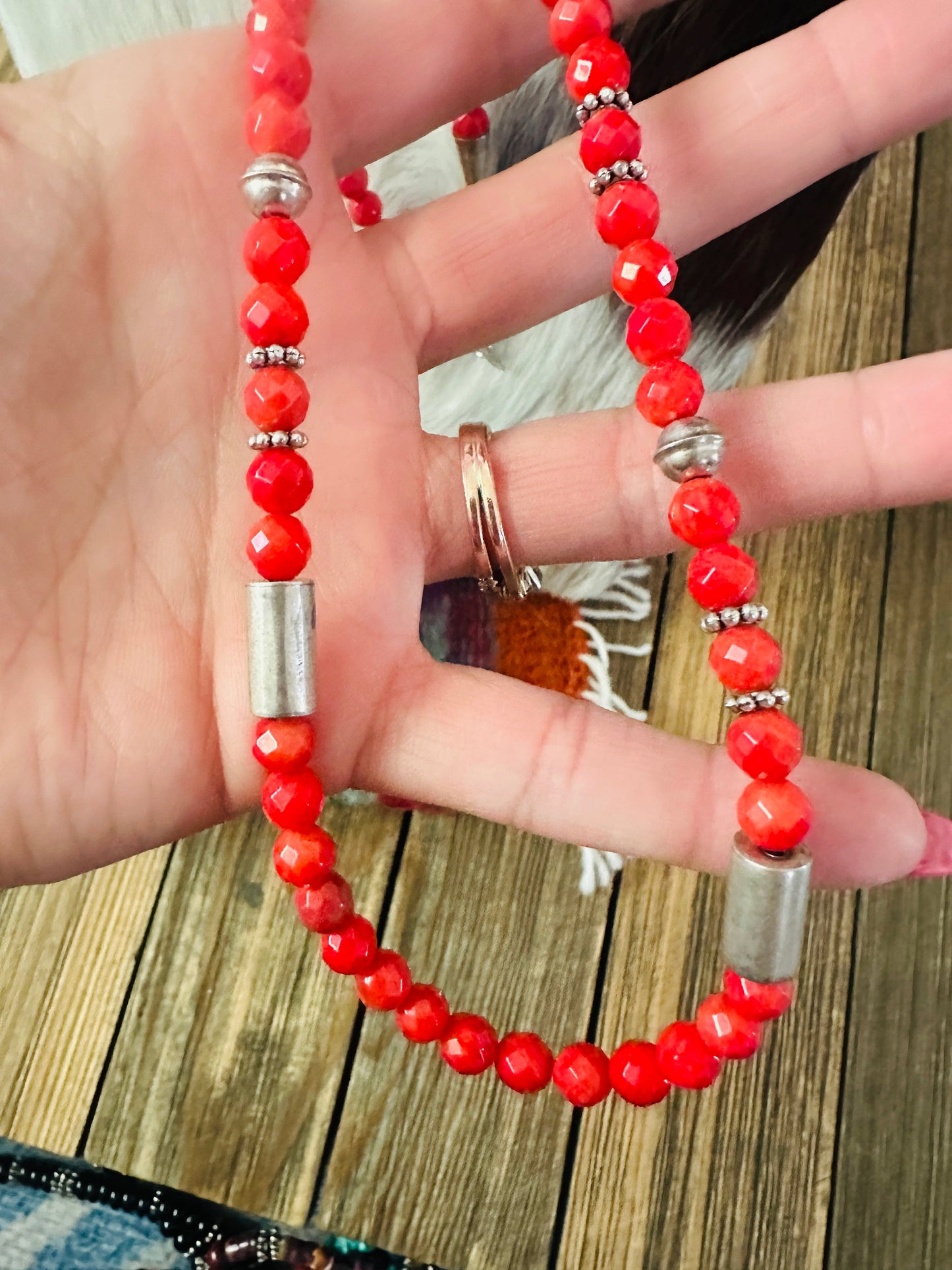 Handcrafted Red Agate & Sterling Silver Beaded 18” Necklace by T & R Singer