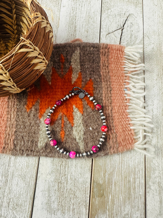Handcrafted Pink Mojave and Sterling Silver Pearl Beaded Bracelet