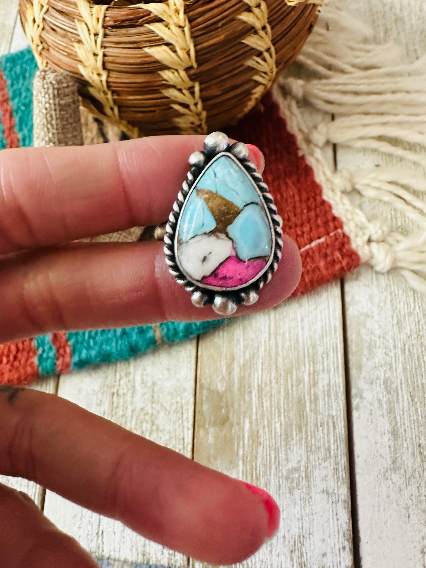 Handcrafted Sterling Silver & Cotton Candy Teardrop Adjustable Ring
