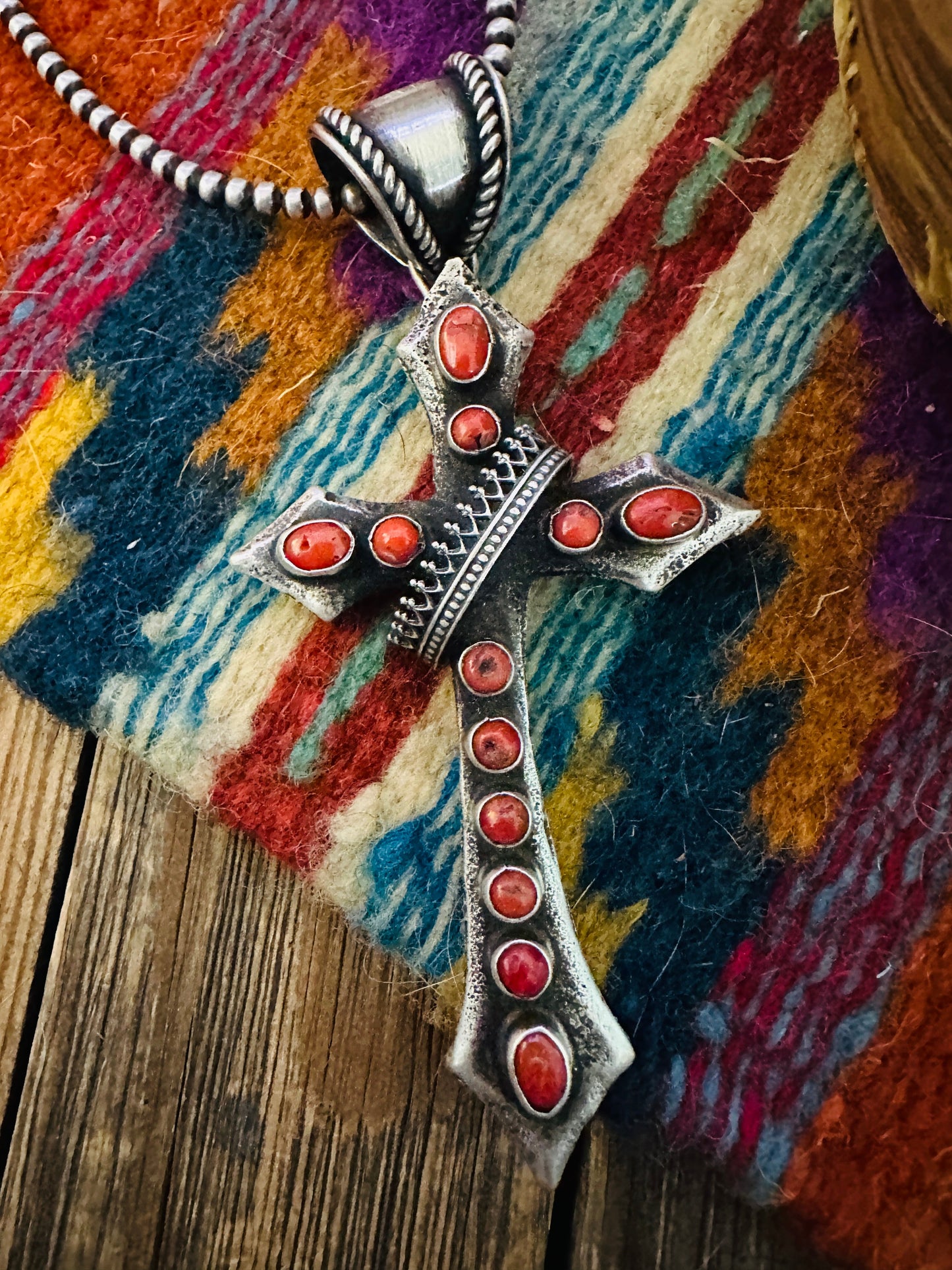 Handcrafted Sterling Silver & Coral Cross Pendant by Shawn Cayatineto