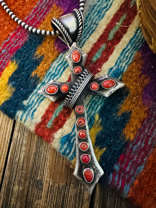 Handcrafted Sterling Silver & Coral Cross Pendant by Shawn Cayatineto