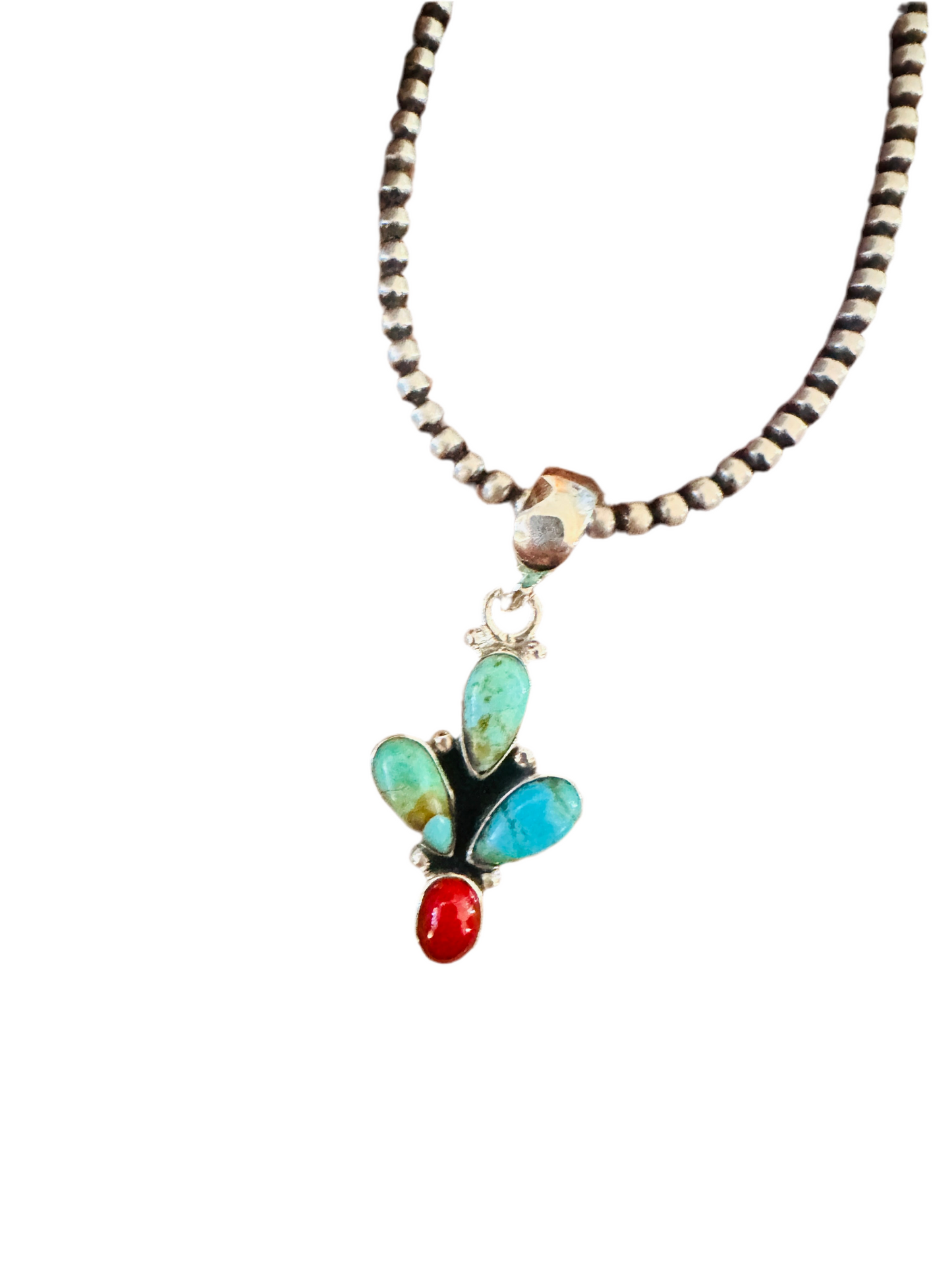 ** Christmas Collection ** Handmade Sterling Silver, Coral & Turquoise Pendant Signed Nizhoni