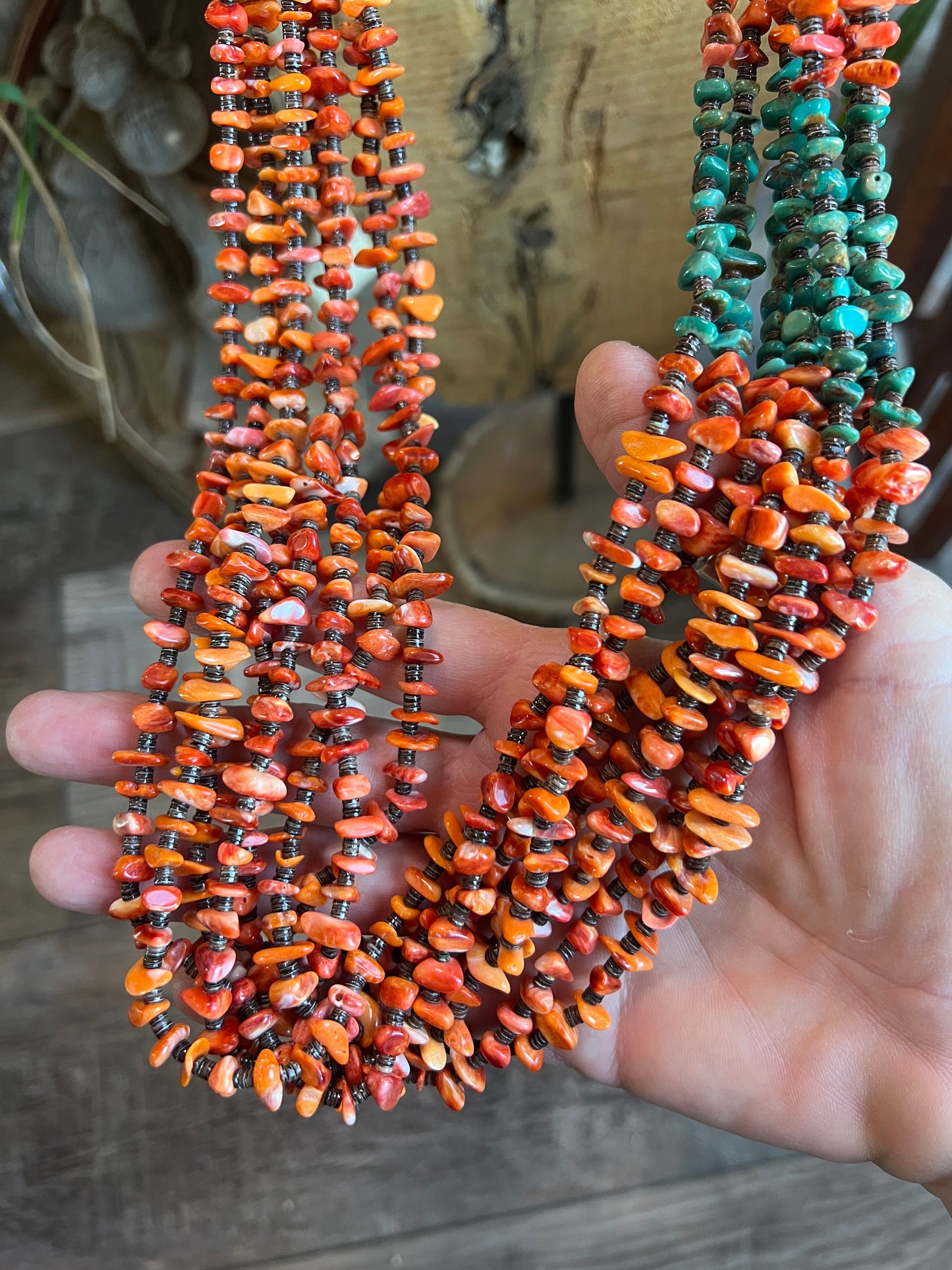 Gorgeous Handcrafted Made Eight Strand Spiny Oyster and Turquoise Beaded Squaw Wrap Necklace by Daniel Coriz