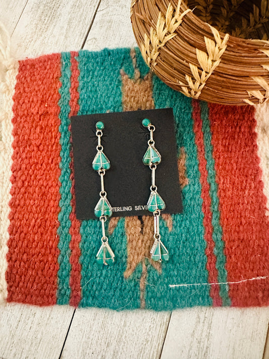 Handcrafted Sterling Silver & Turquoise Inlay Heart Dangle Earrings
