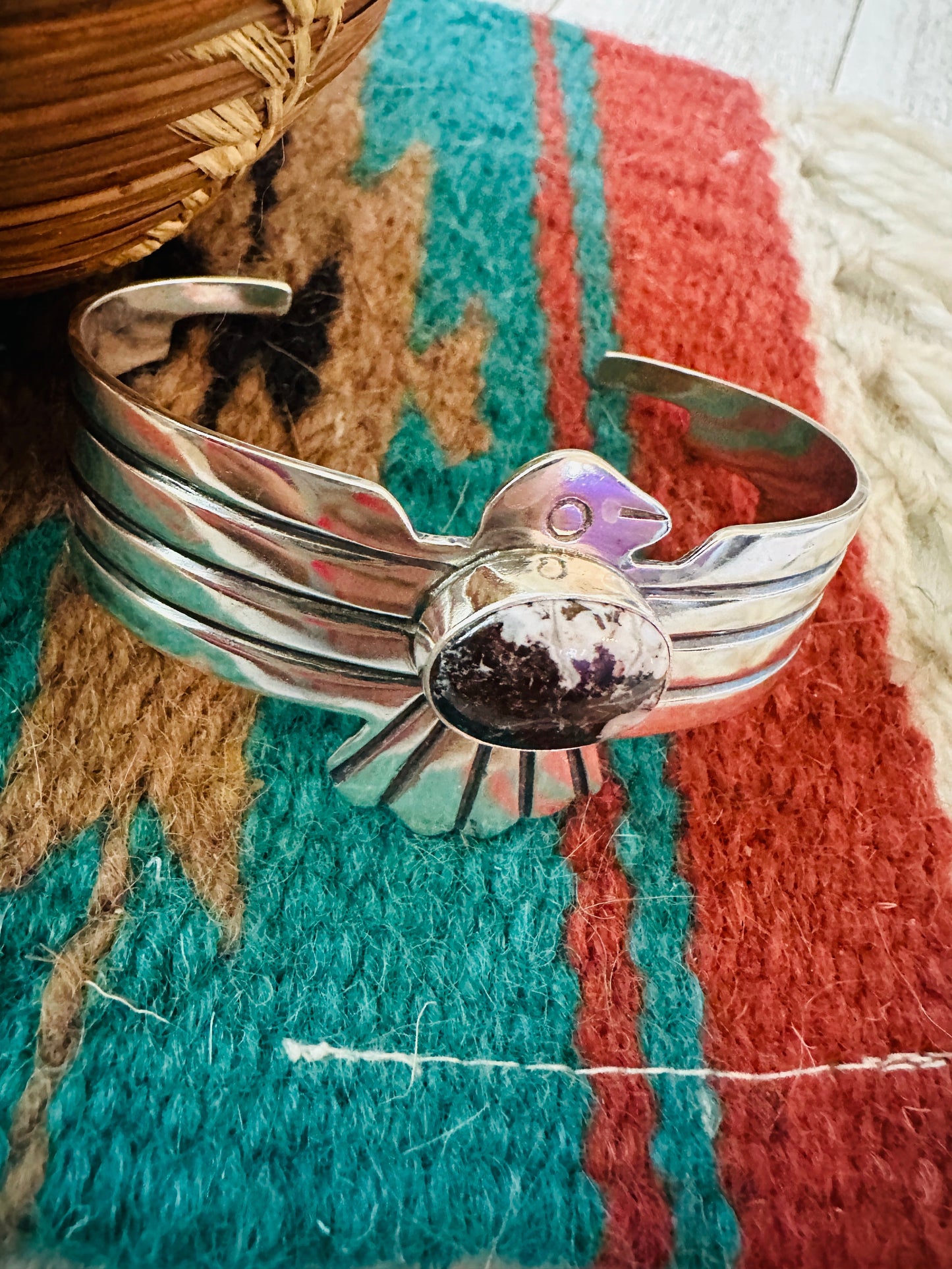 Handcrafted Wild Horse & Sterling Silver Thunderbird Cuff Bracelet