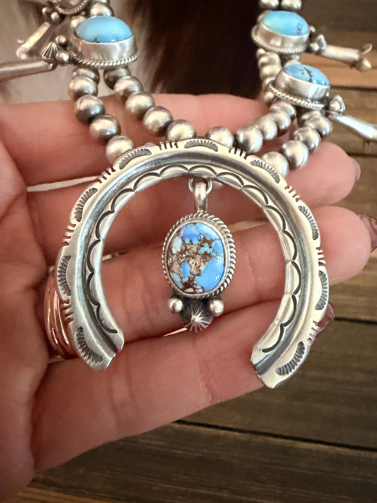 Handcrafted Golden Hills Turquoise & Sterling Silver Beaded Squash Blossom Necklace Set by Melvin Francis