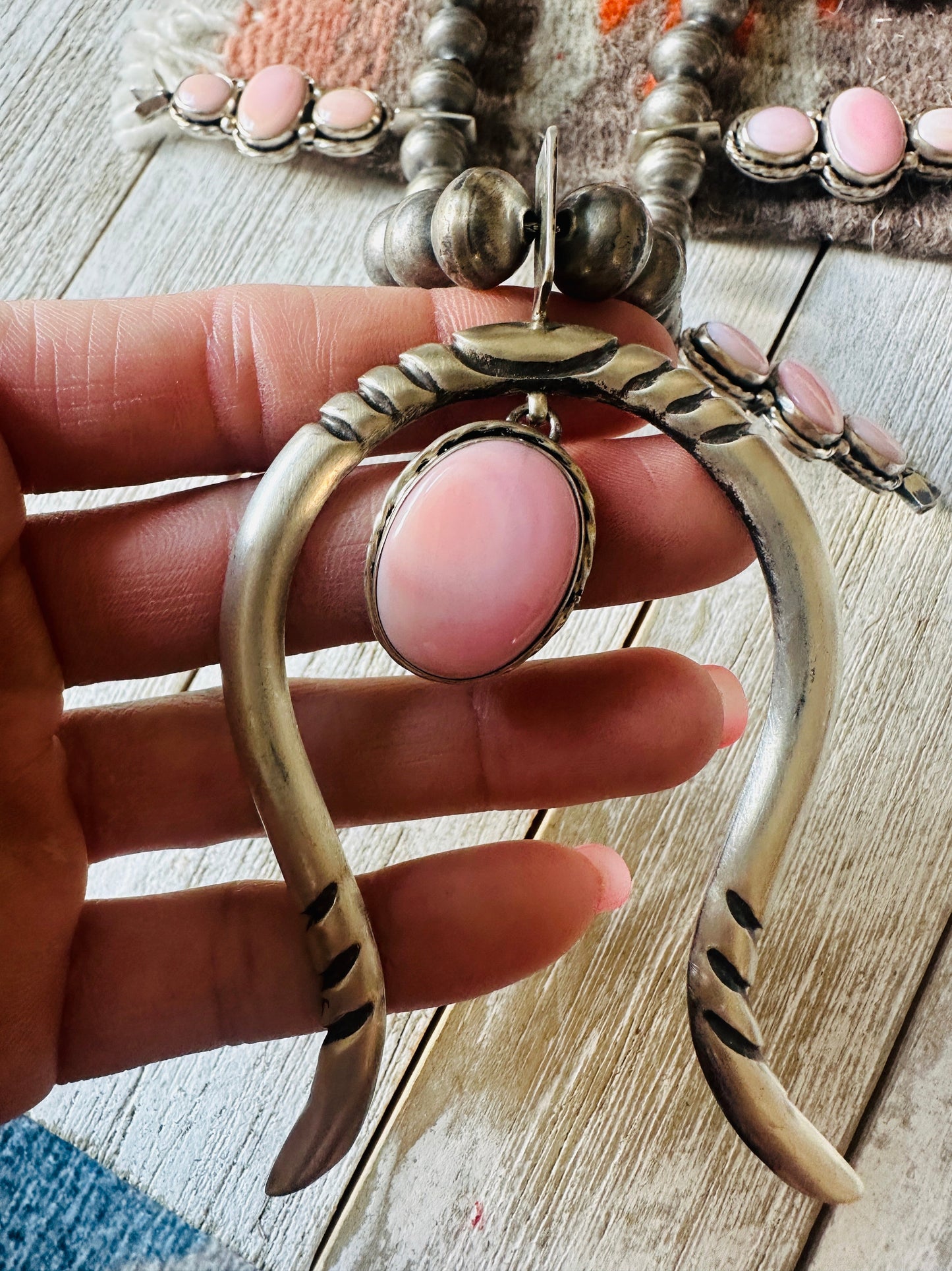Handcrafted Sterling Silver & Queen Pink Conch Squash Blossom Necklace Set