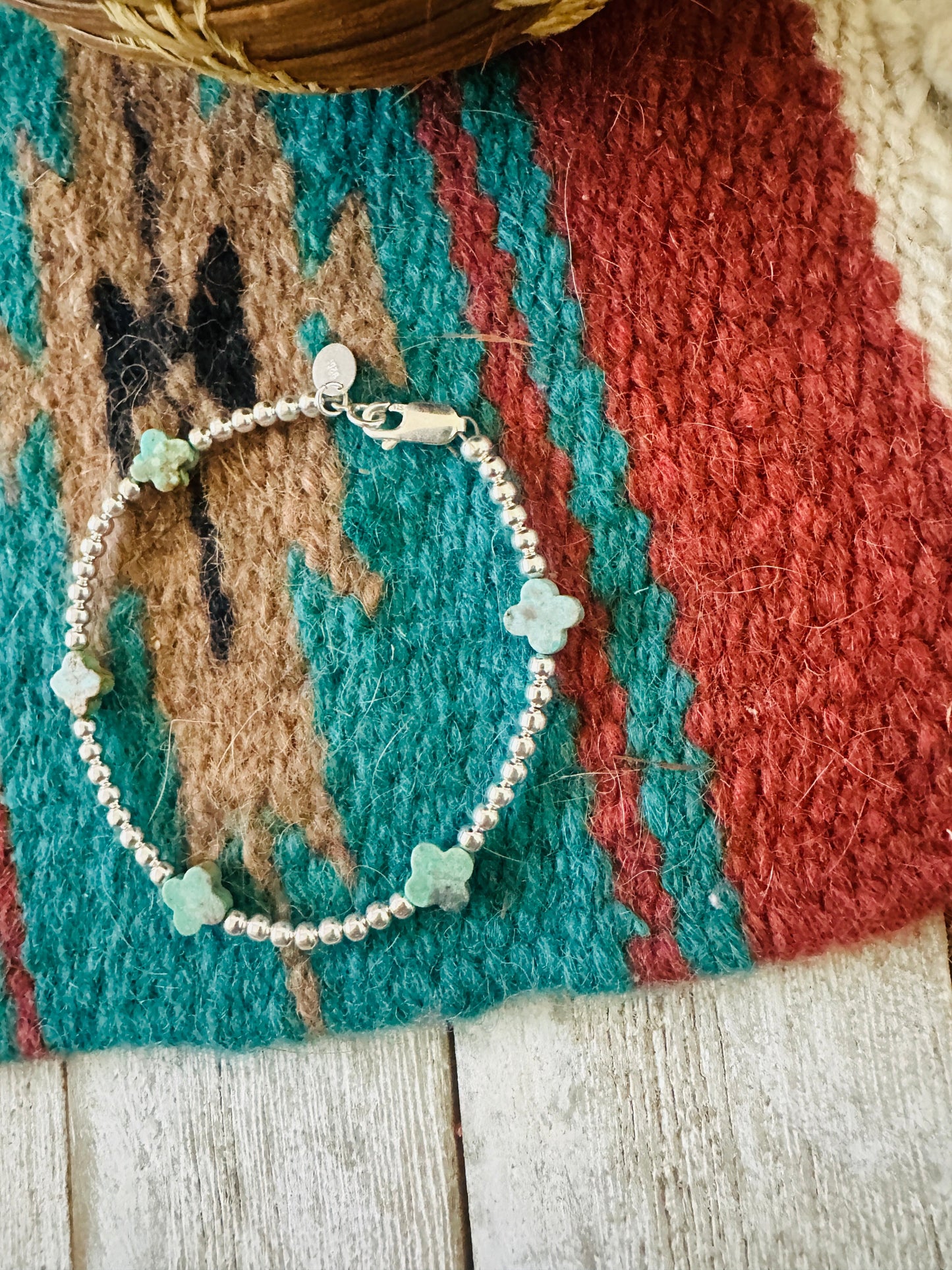 Handcrafted Sterling Silver Pearl & Turquoise Beaded Bracelet 7.5”