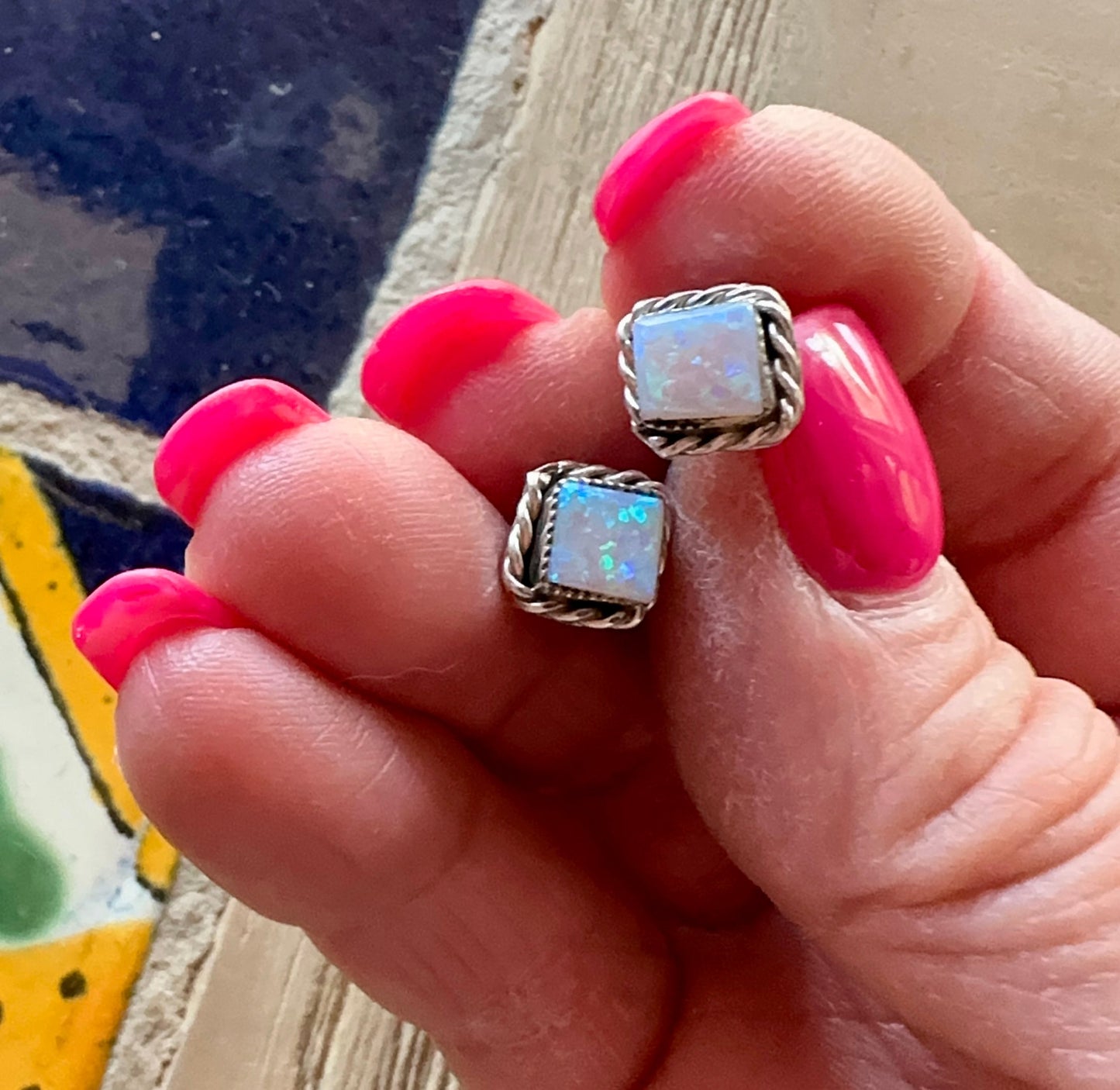 Handcrafted White Opal Inlay & Sterling Silver Stud Earrings