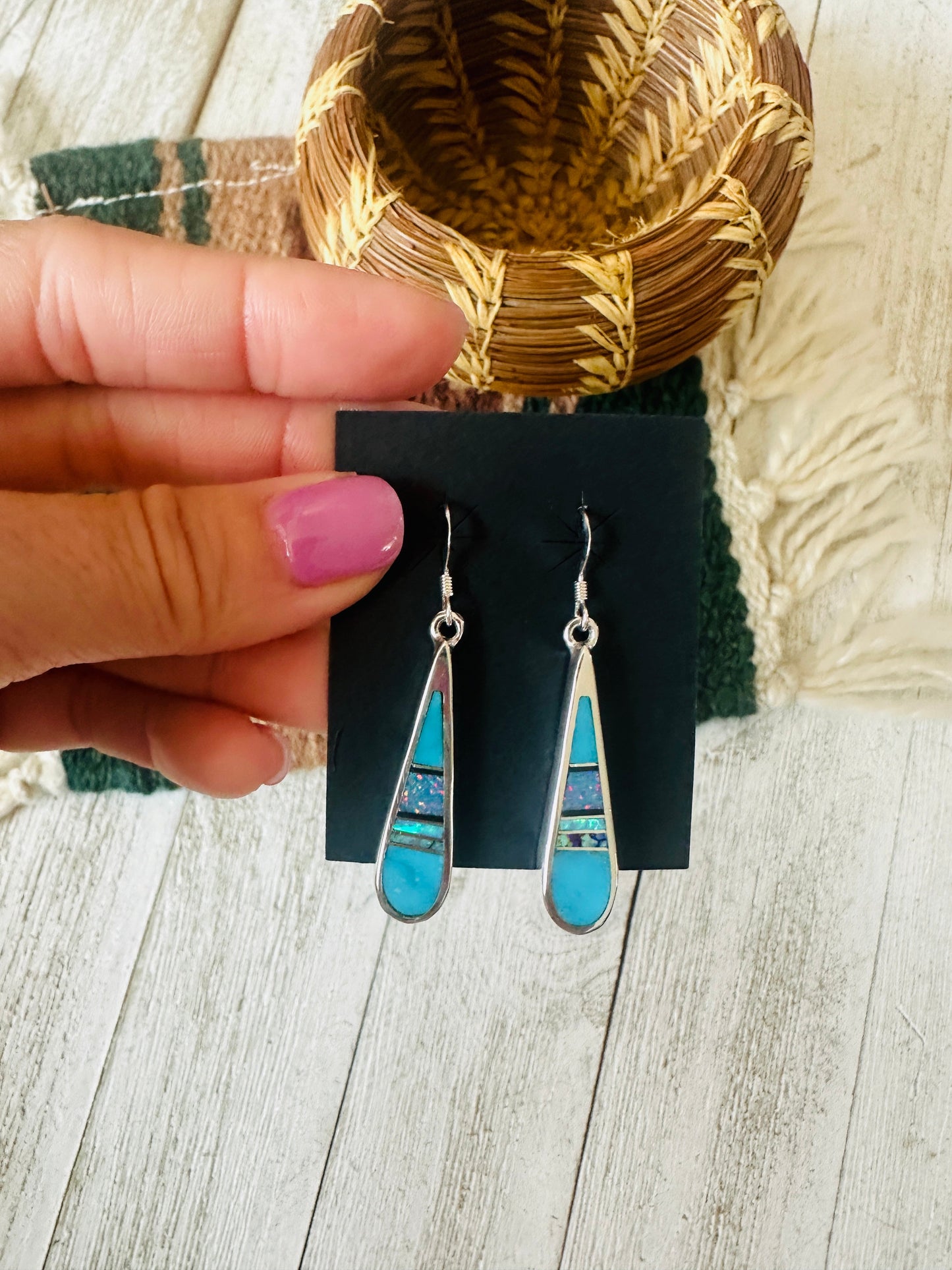 Handcrafted Sterling Silver & Multi Stone Inlay Dangle Earrings