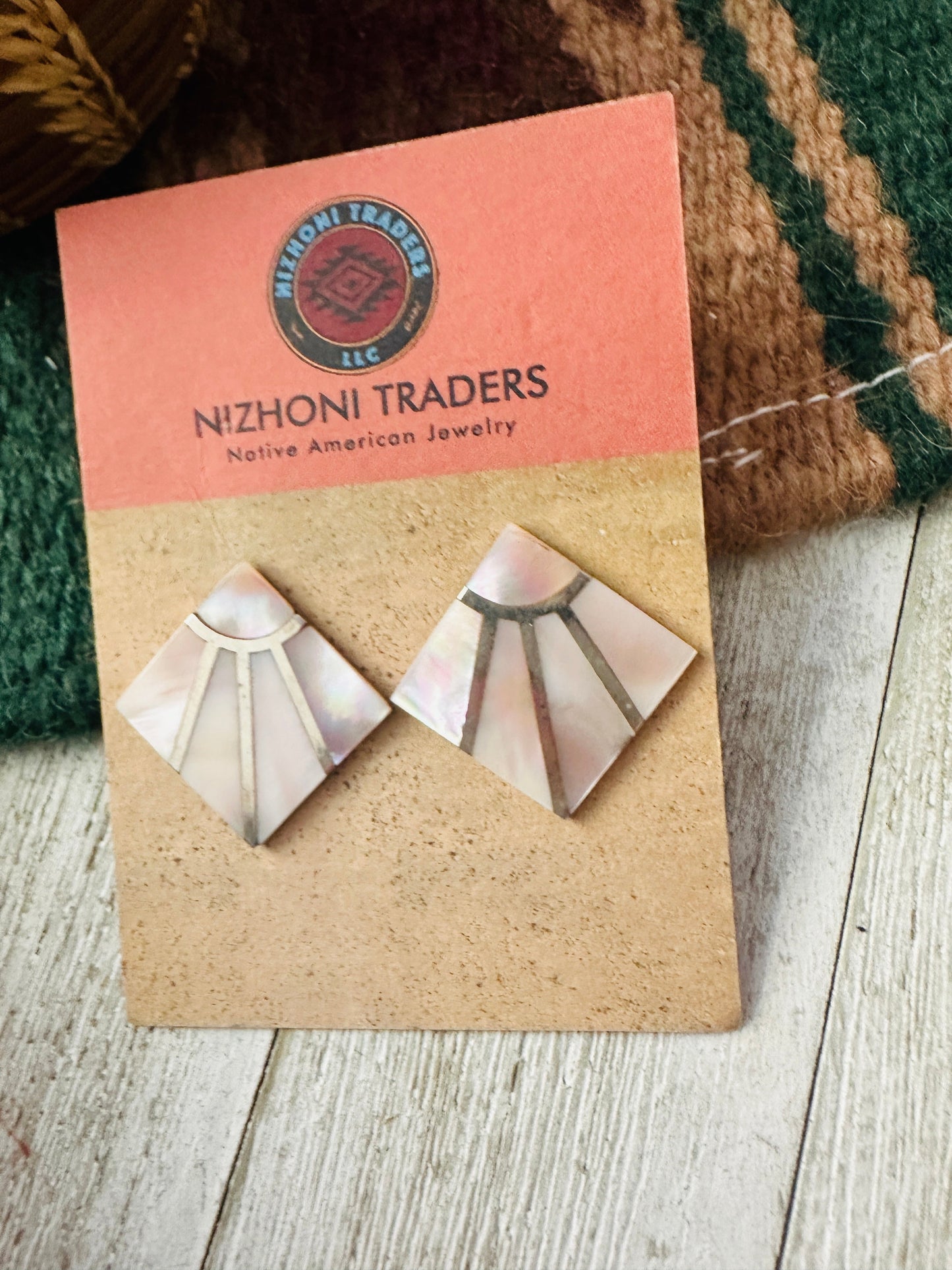 Old Pawn Mother of Pearl & Sterling Silver Inlay Earrings