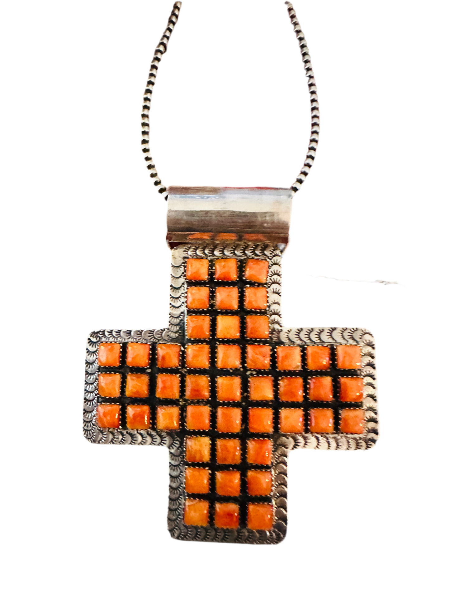 Handcrafted Sterling Silver & Orange Spiny Cross Pendant by Marcella James