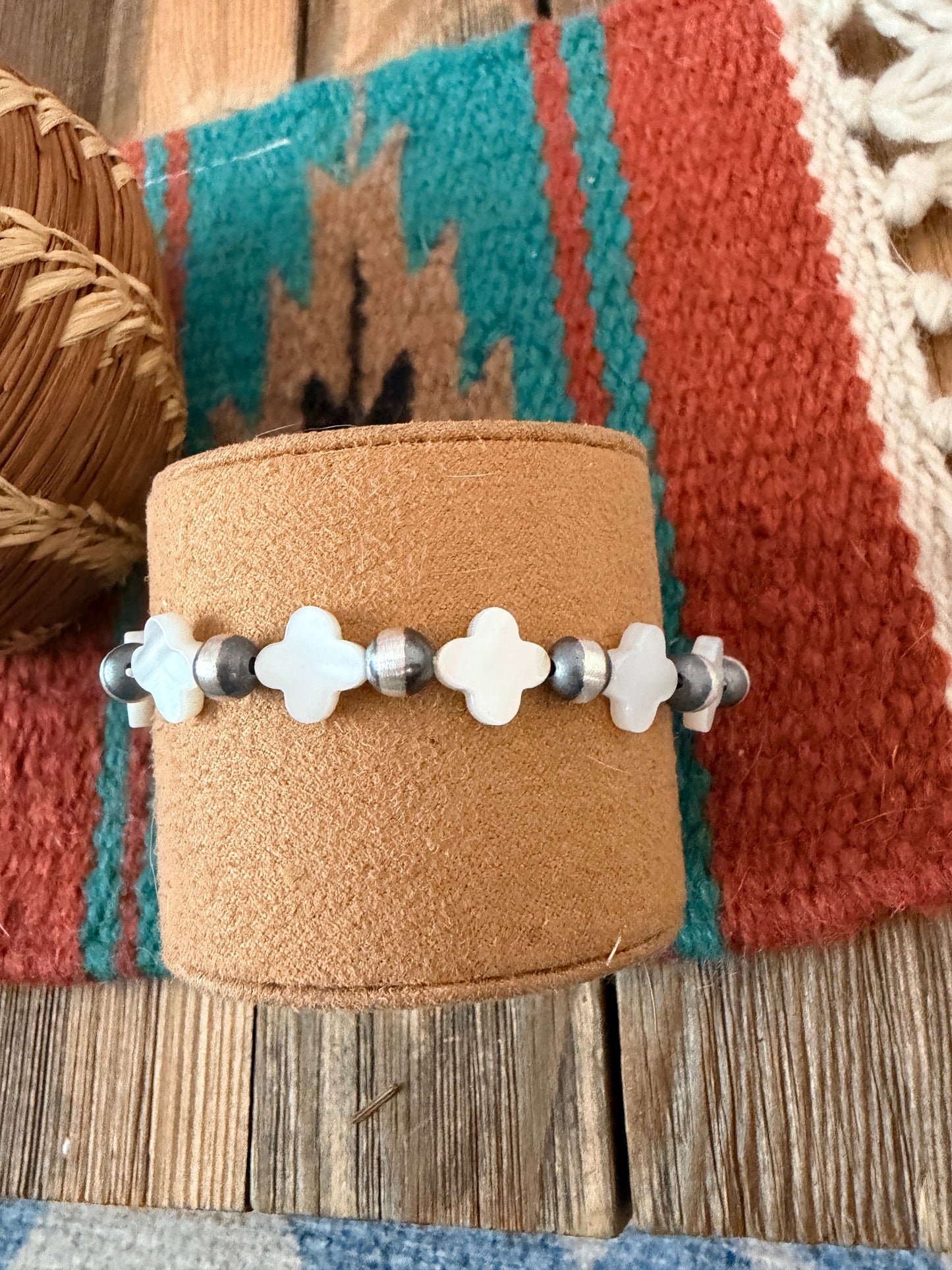 Handcrafted Mother of Pearl & Sterling Silver Pearl Cross Beaded Stretch Bracelet