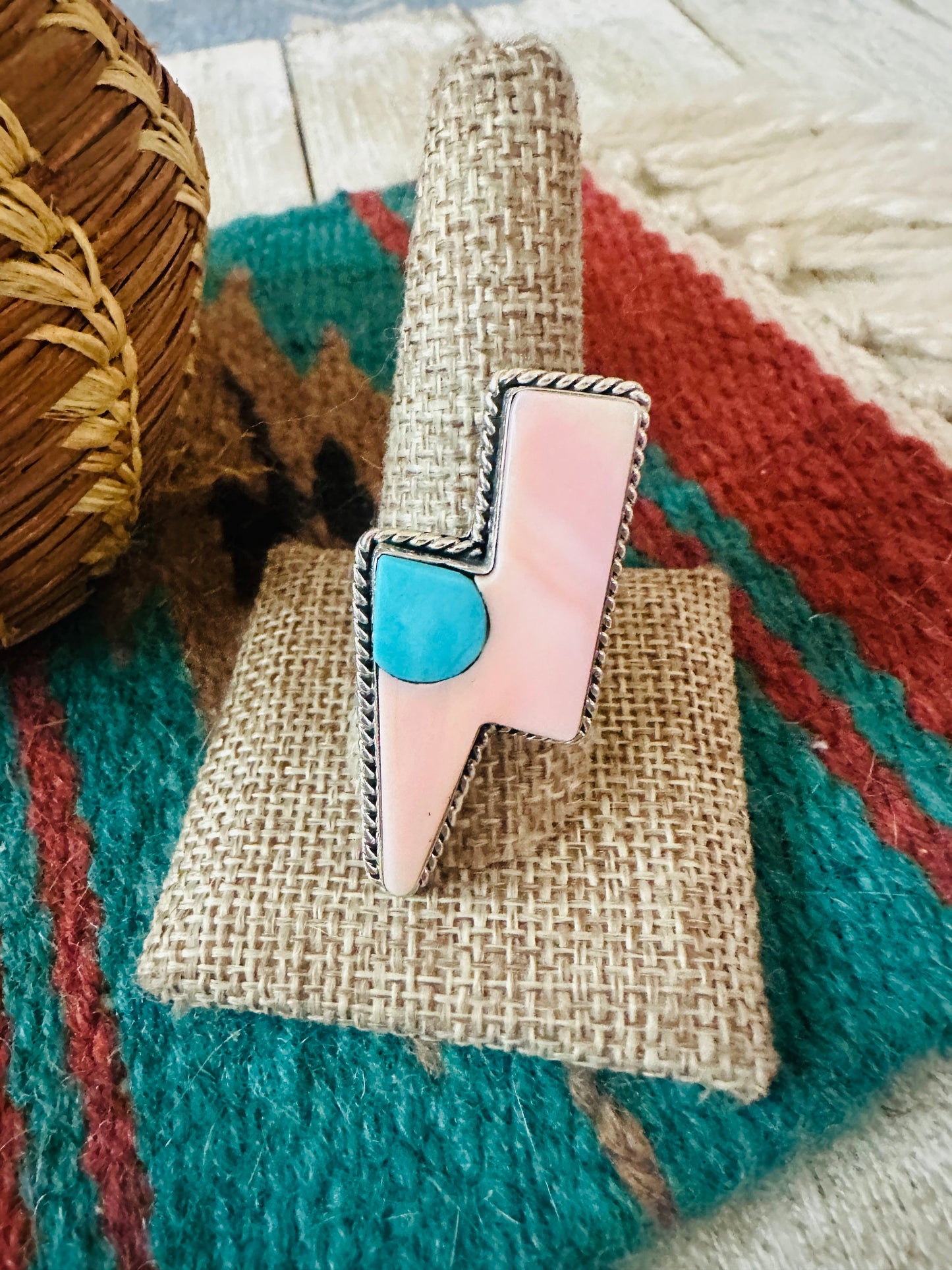 Handcrafted Queen Pink Conch, Turquoise & Sterling Silver Adjustable Lightning Bolt Ring