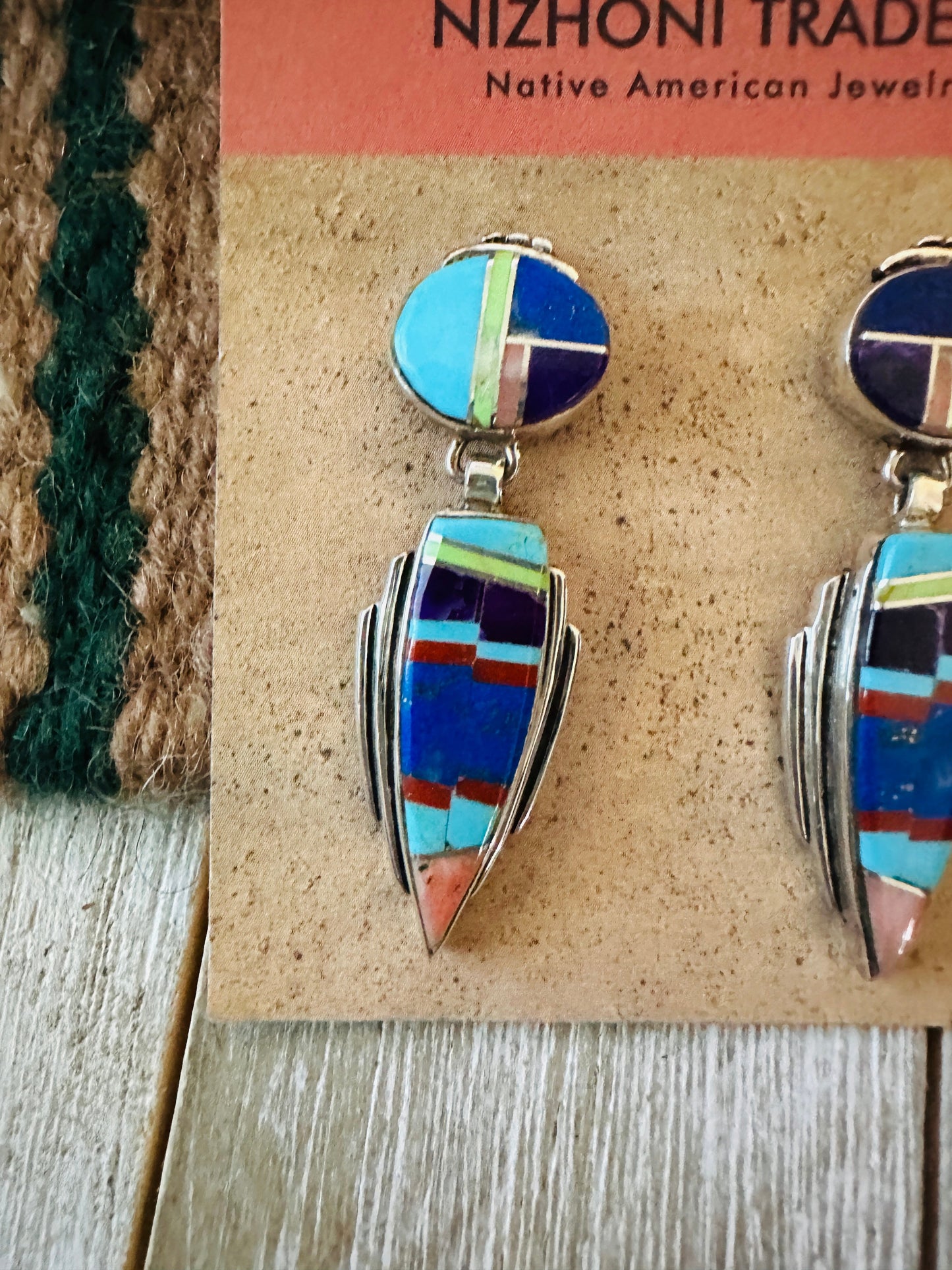 Old Pawn Handcrafted Sterling Silver & Multi Stone Inlay Dangle Earrings