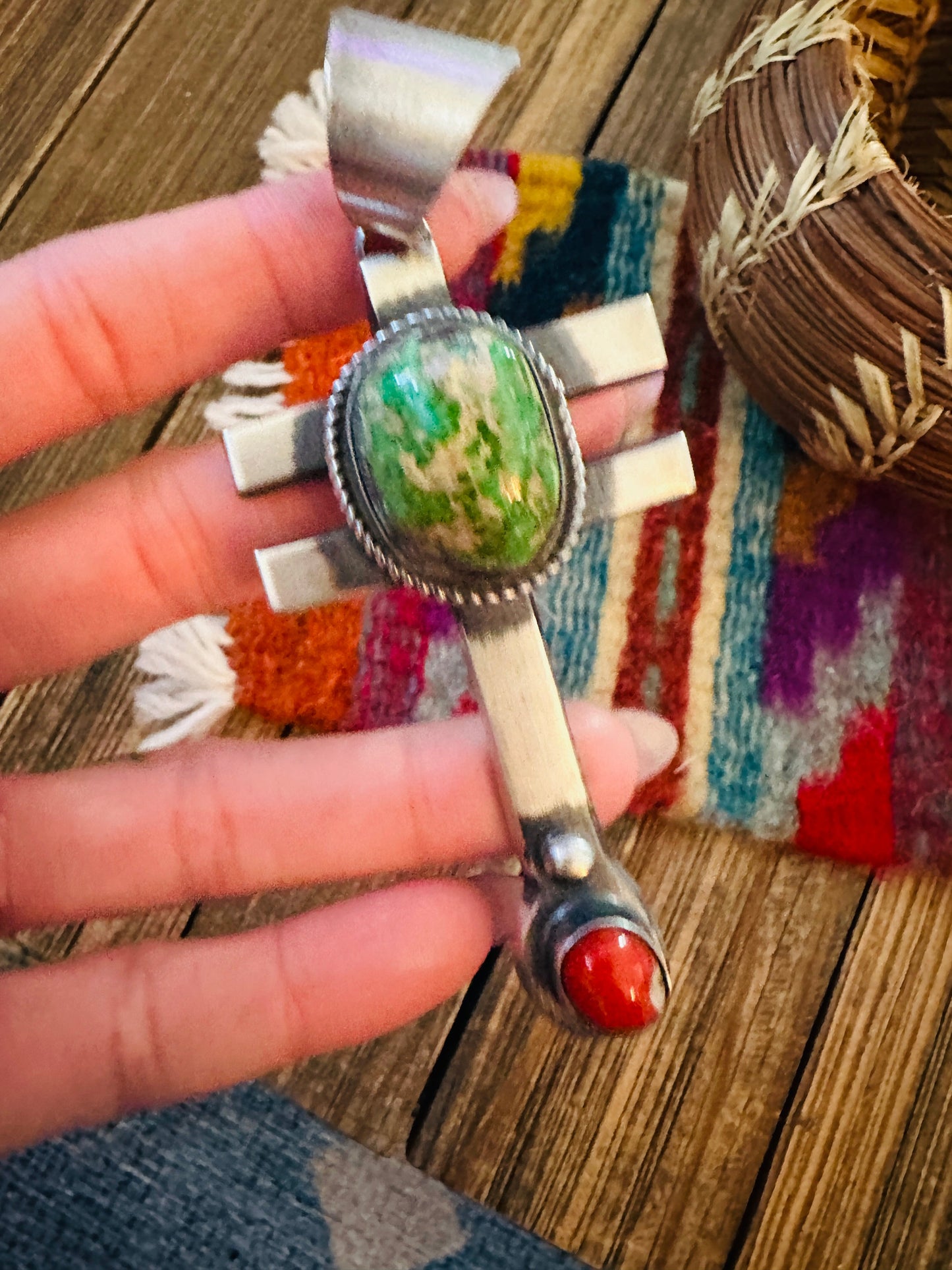 Handcrafted Sterling Silver, Turquoise & Coral Dragonfly Pendant by Chimney Butte