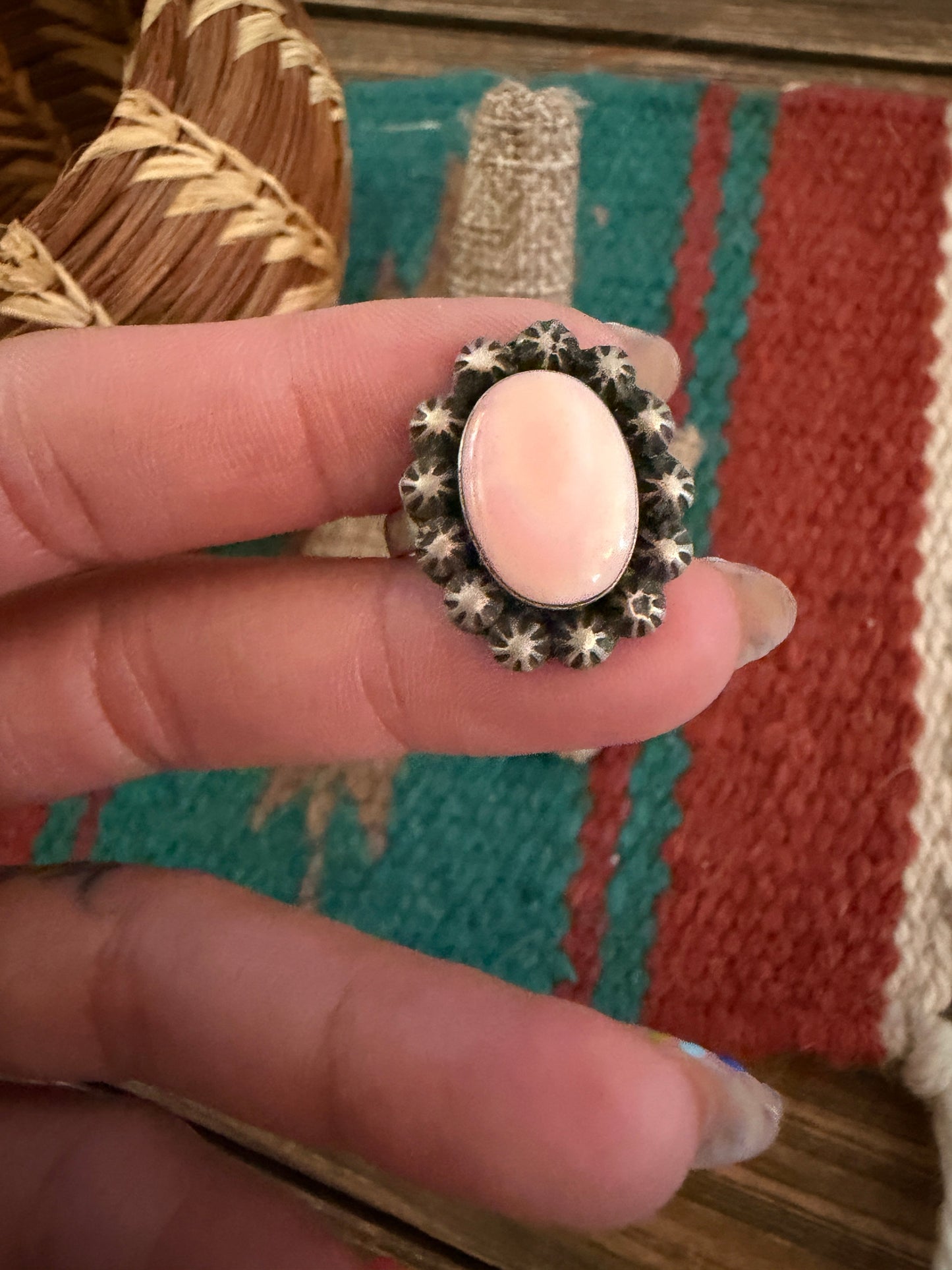 Handcrafted Queen Pink Conch & Sterling Silver Adjustable Ring