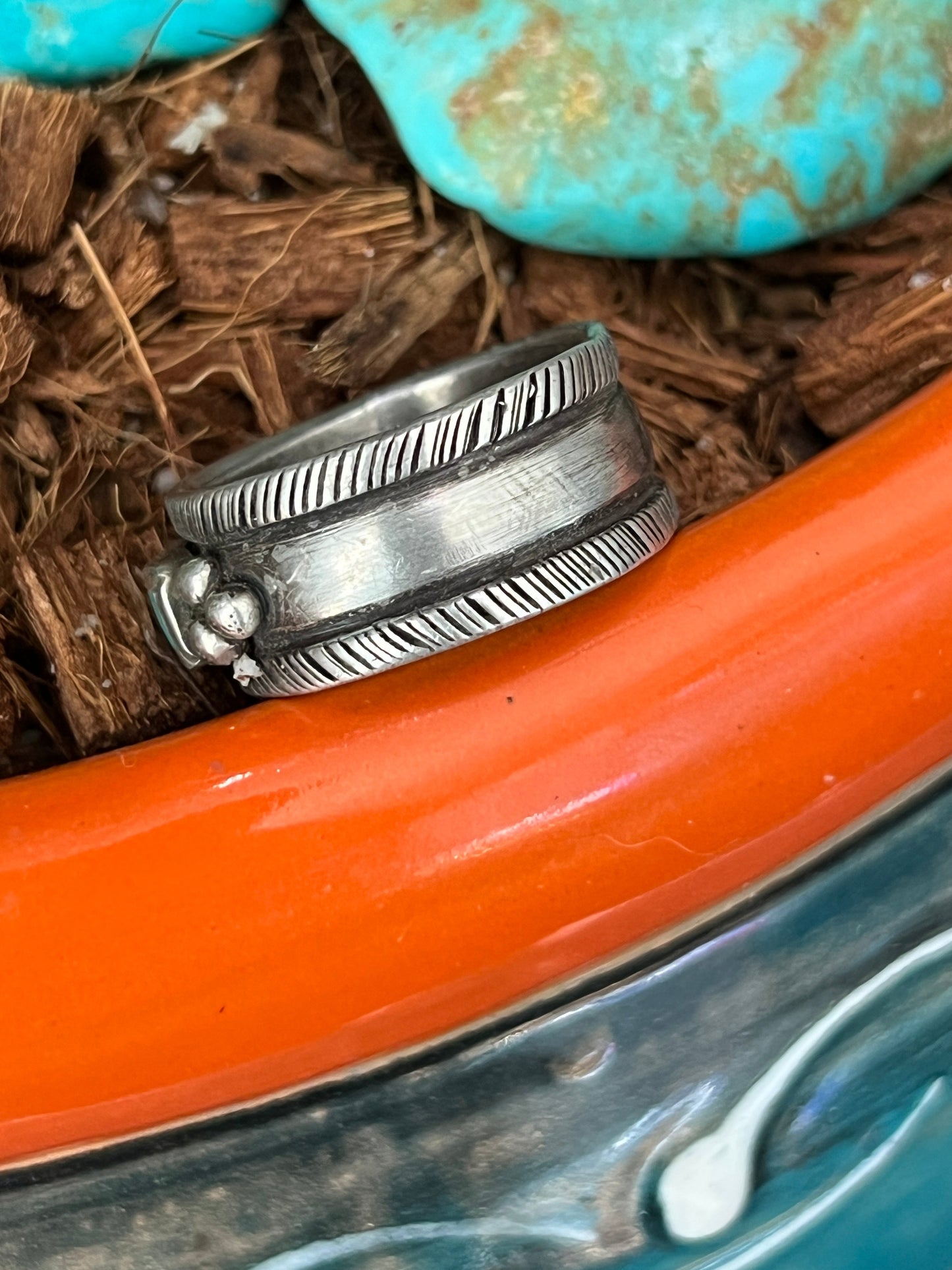 Falcon Trading Company Ingot Sterling Silver and Fox Turquoise Inlay Ring by Joe O’Neill, Size 10