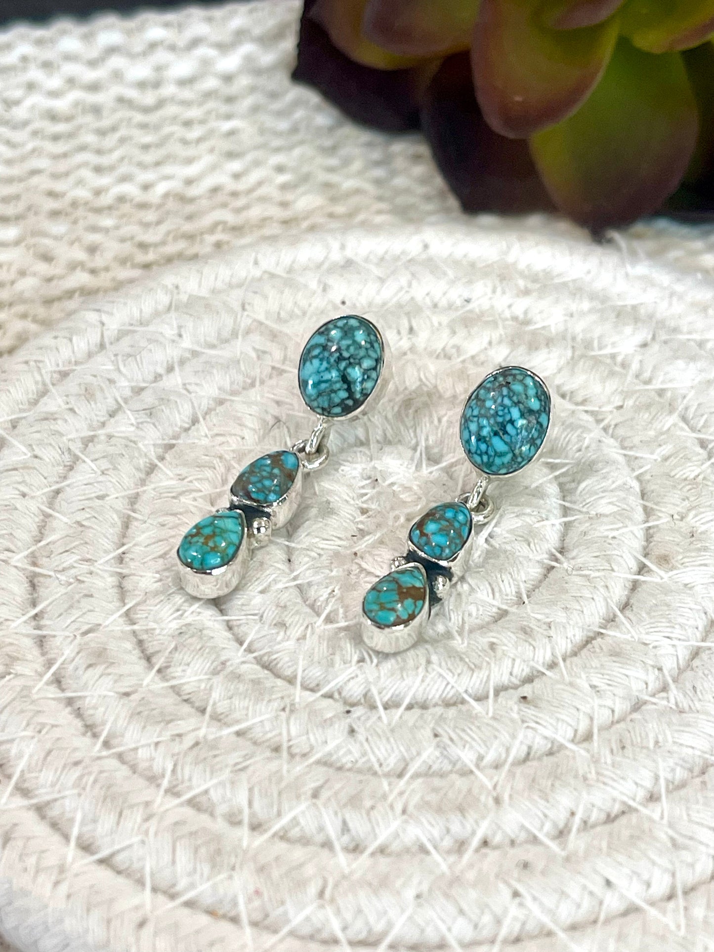Handmade Sterling Silver Number 8 Turquoise Post Dangle Earrings Signed Nizhoni