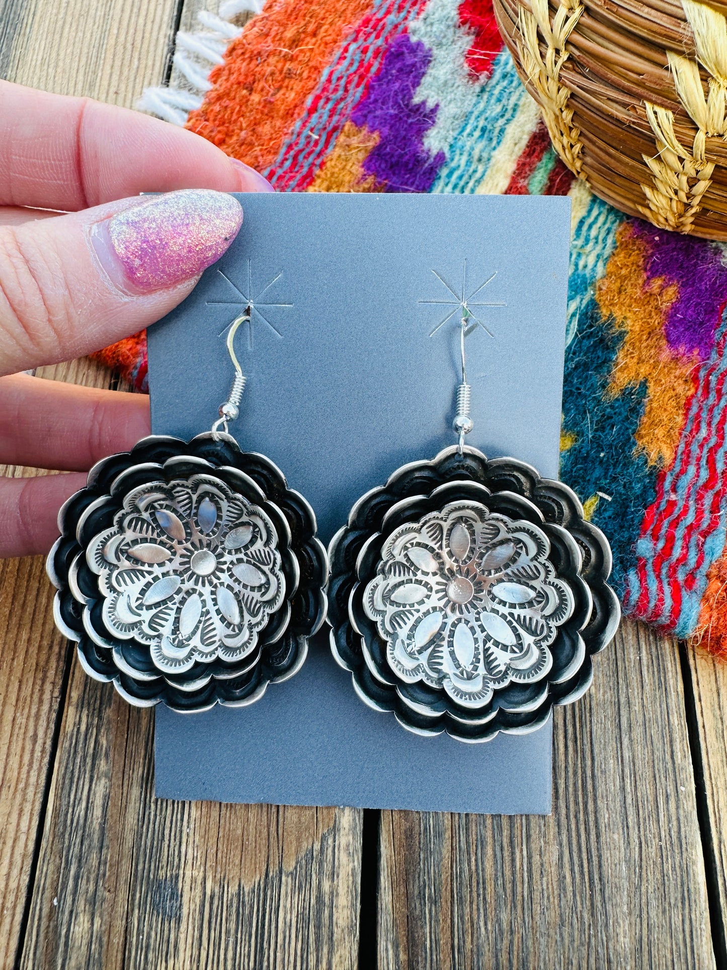 Handcrafted Sterling Silver Concho Dangle Earrings by Leander Tahe