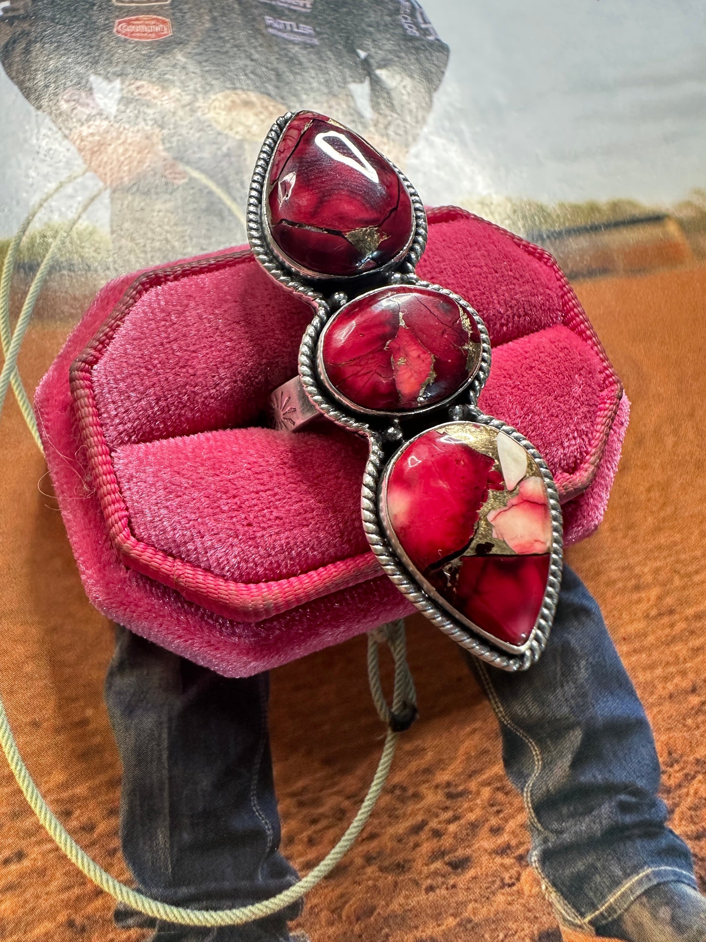 Beautiful Handmade Dahlia Rose And Sterling Silver Adjustable 3 Stone Ring