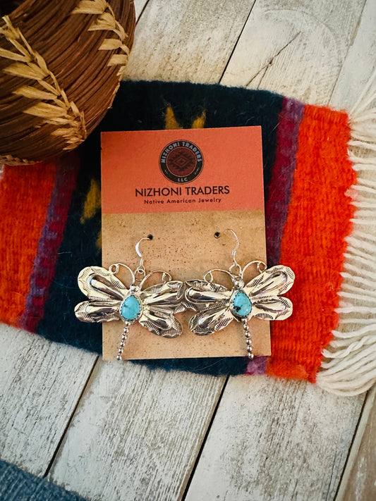 Handcrafted Turquoise & Sterling Silver Dragonfly Dangle Earrings