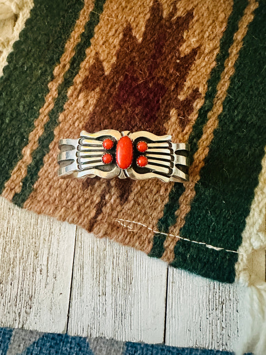Handcrafted Coral & Sterling Silver Cuff Bracelet Signed