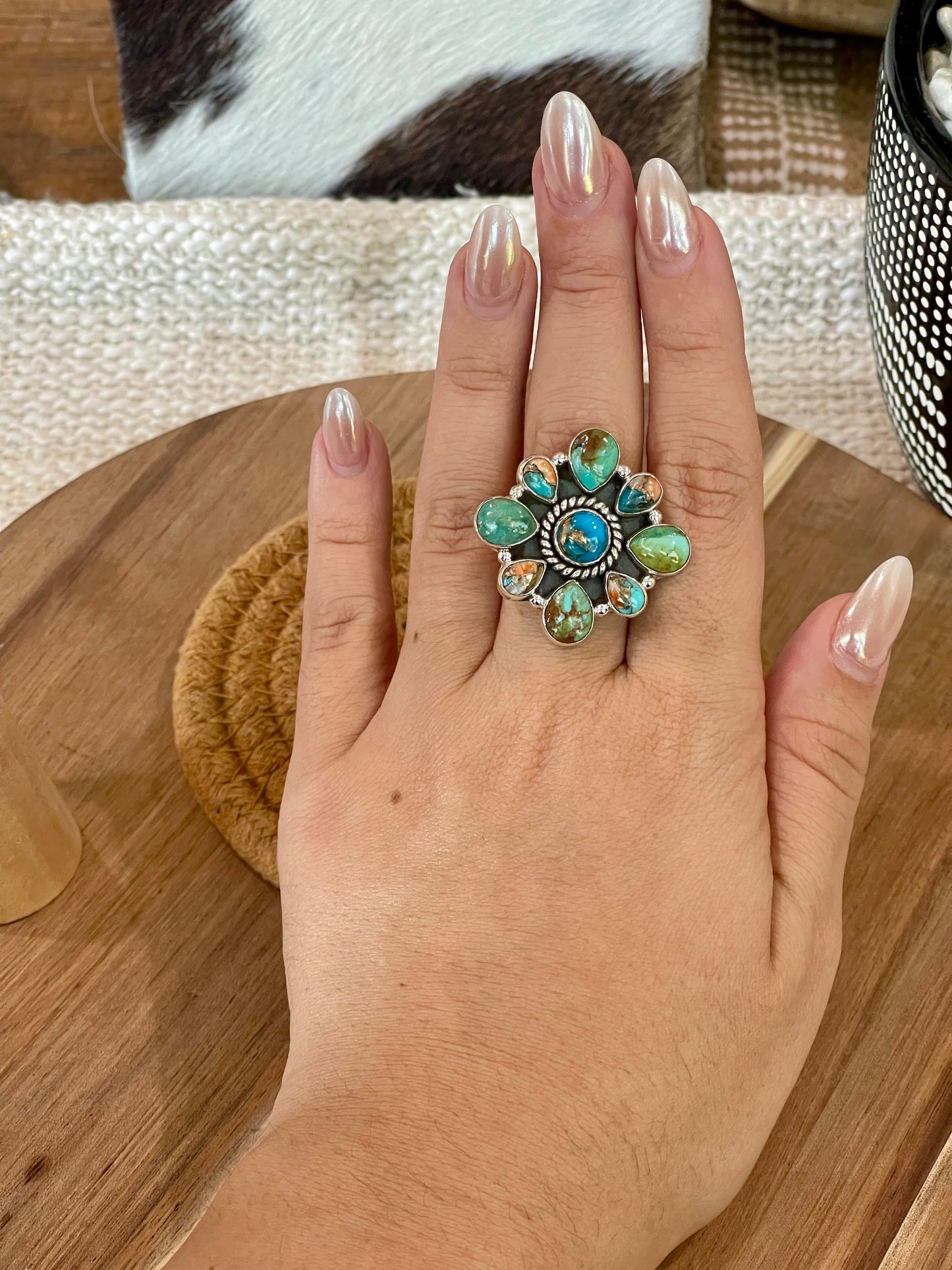 Handcrafted Sterling Silver, Turquoise & Spice Adjustable Cluster Ring