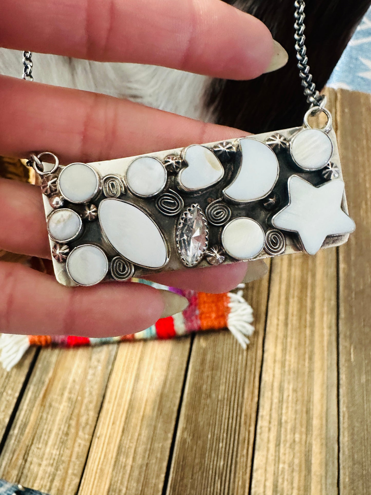 Handcrafted Mother of Pearl, CZ & Sterling Silver Bar Necklace by Jacqueline Silver