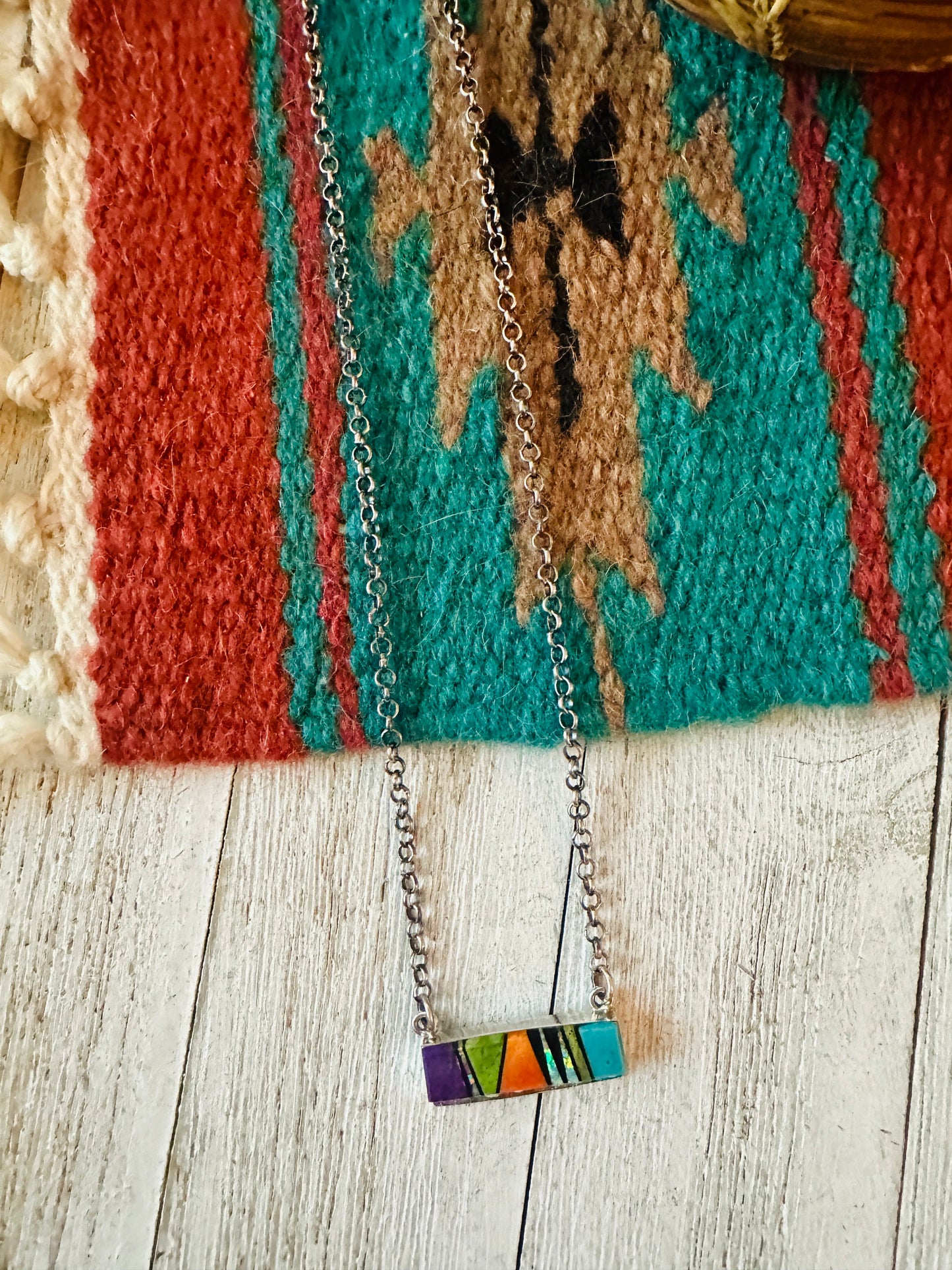 Handcrafted Multi Stone & Sterling Silver Inlay Bar Necklace